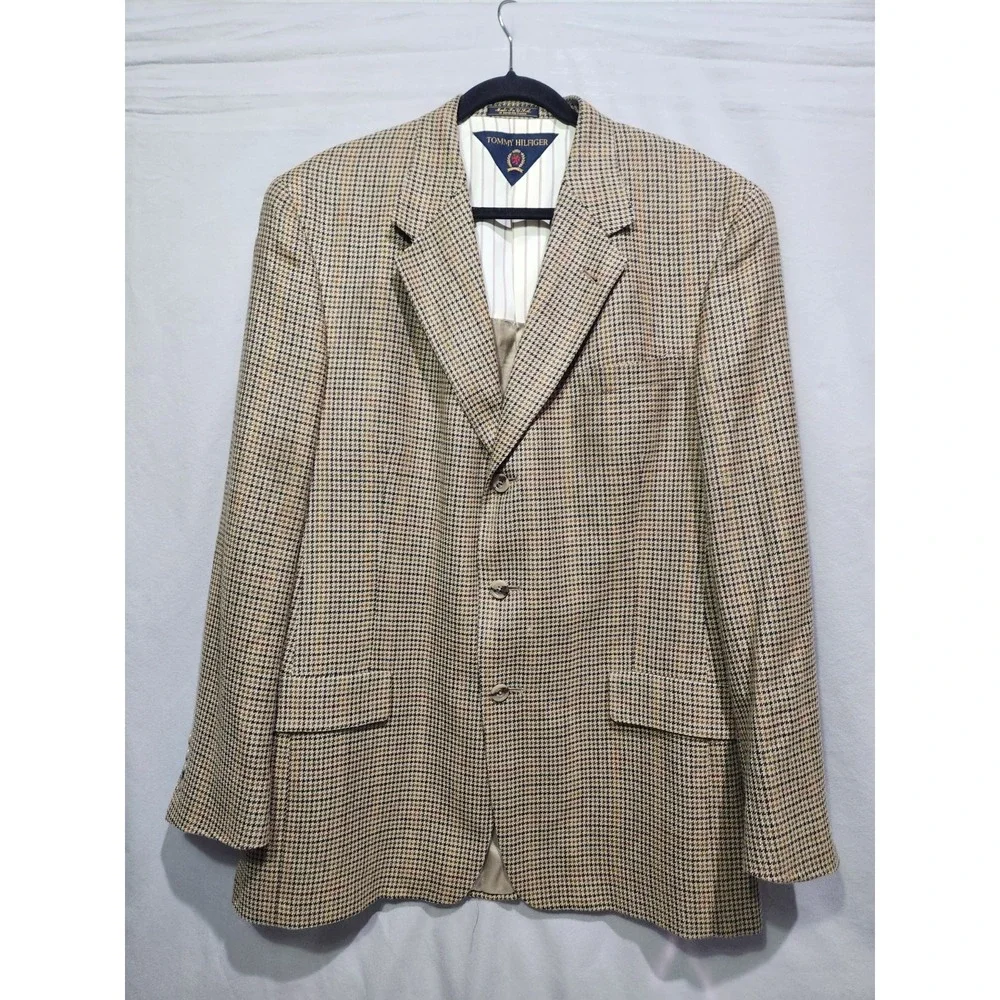 Vtg Tommy Hilfiger Brown Wool Blazer Jacket 43L 3-Button USA 90s Houndstooth